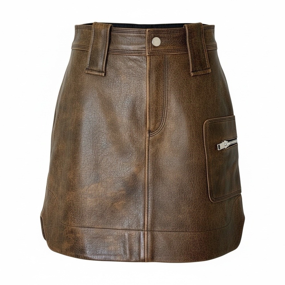 GANNI‎ Genuine Distressed Brown 100% Goat Leather Mini Skirt EU 32 US 0 Grunge